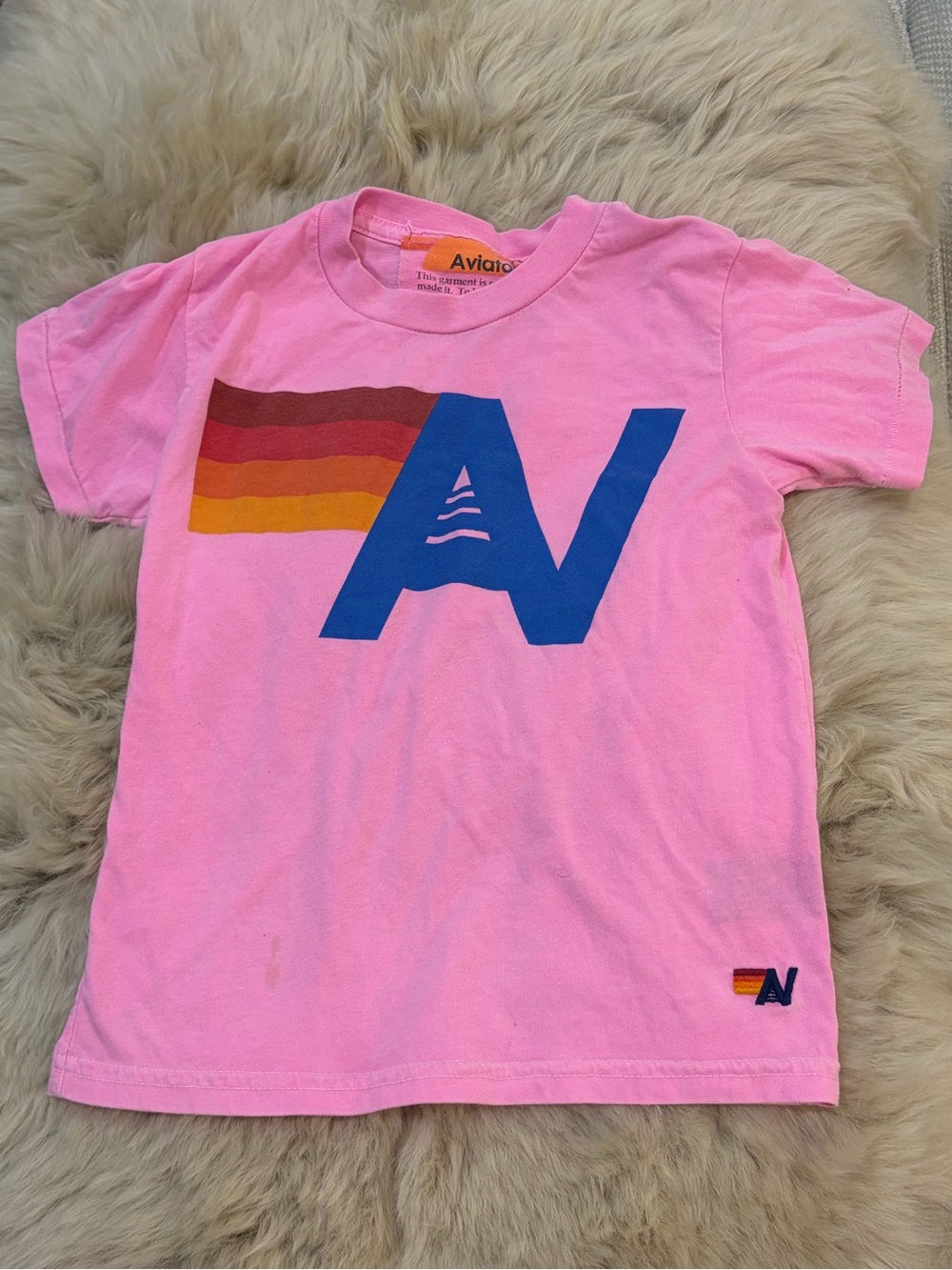 Aviator Nation Kids Pink Tee with Blue AV Logo & Sunset Stripes